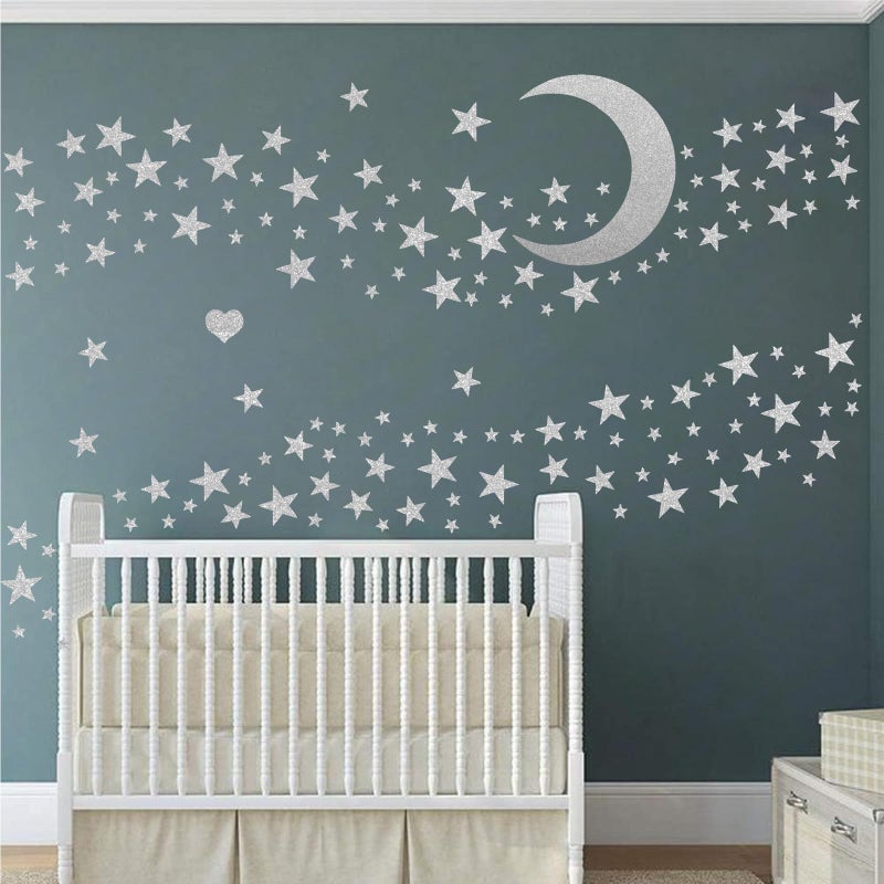 Easma Star Wall Decals (191stars+1moon+1heart) 3 Size Silver Stars and Moon Decals Removable Peel and Stick Stickers Fits Kids Room Decor - Image 1